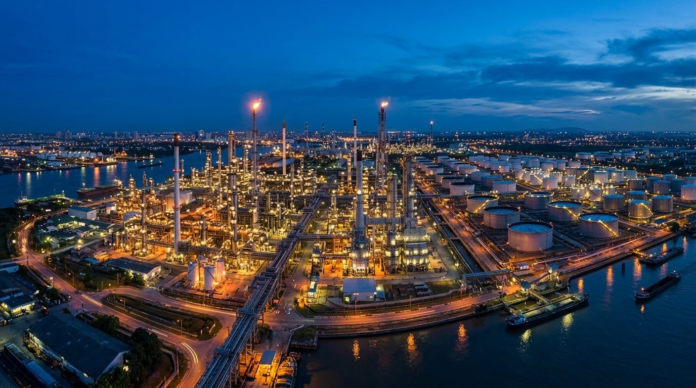 Aerial view of an illuminated energy refinery at blue hour